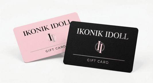 Two gift cards from IKONIK IDOLL, one pink and one black, on a white background.