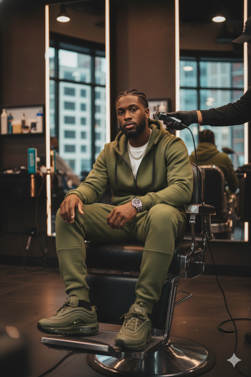 Olive green men’s tech fleece set worn at barbershop during lineup, styled with Air Max 97 sneakers.