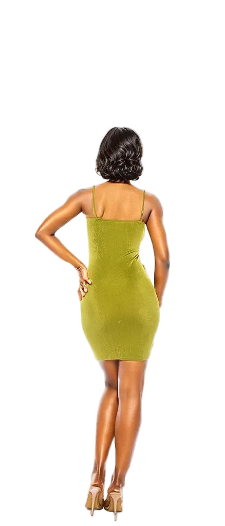 Back shot view angle of woman in a green sparkle shimmer mini dress with strappy heels