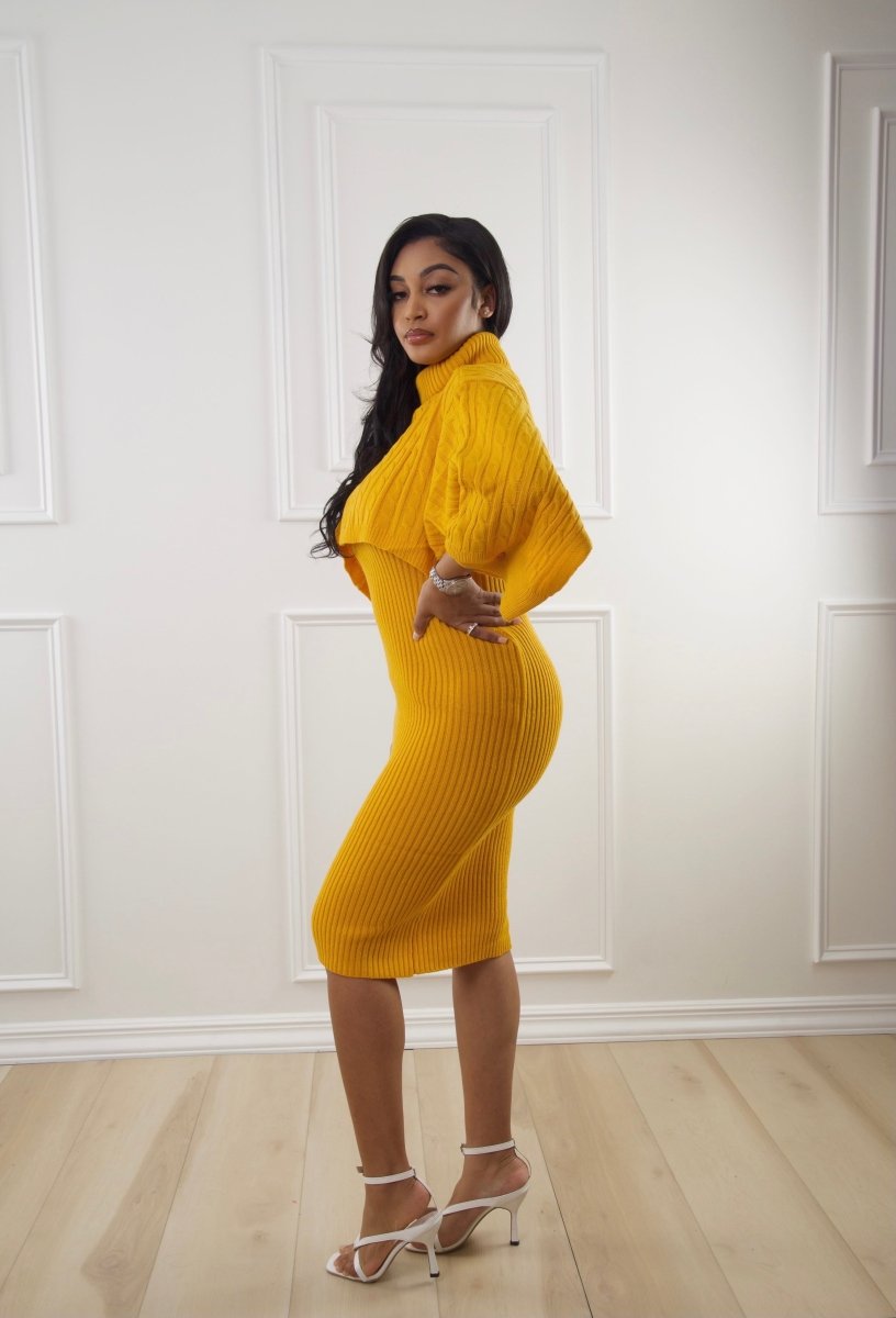 Very Demure 2 Pc Sweater Dress Set with Shawl - Yellow, Black, Pink, Gray - Ikonik Idoll