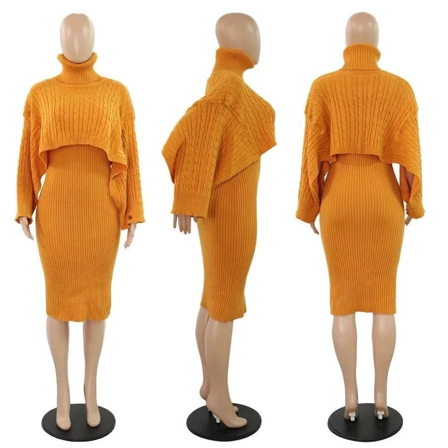 Very Demure 2 Pc Sweater Dress Set with Shawl - Yellow, Black, Pink, Gray - Ikonik Idoll