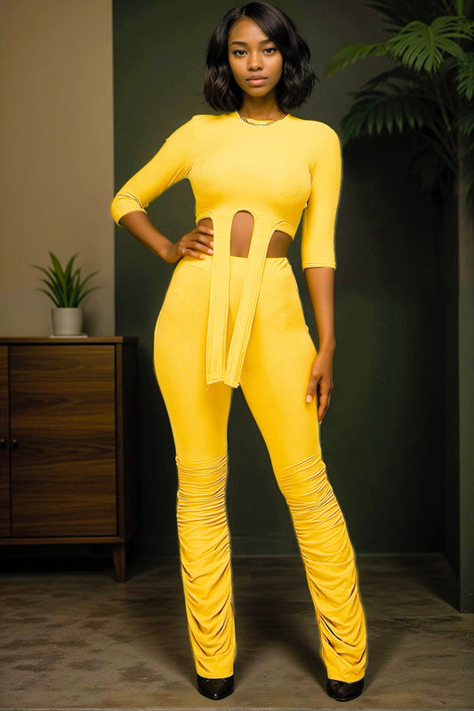 Mustard yellow 2 piece pant set crop top for spring or fall season