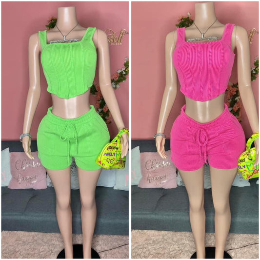 We Outside Tonight Neon Ribbed Corset Short Set Lime Green and Pink