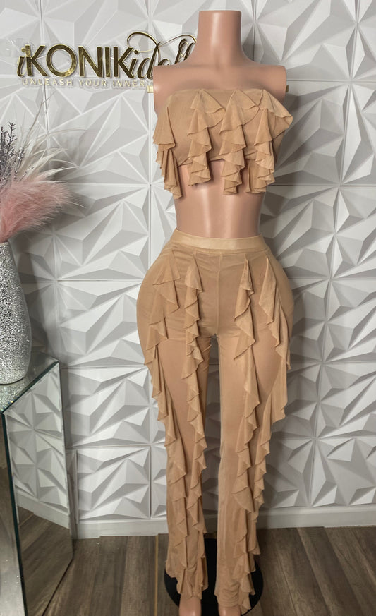 We Outside Ruffle Pants Set Tan SMALL/MEDIUM