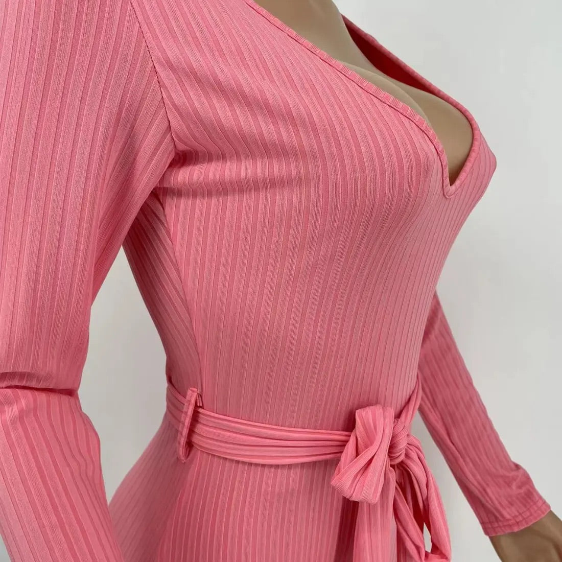 Ribbed Romance Black Jumpsuit with Belt Attachment