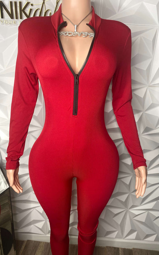 Playful Heart Ribbed Jumpsuit Red