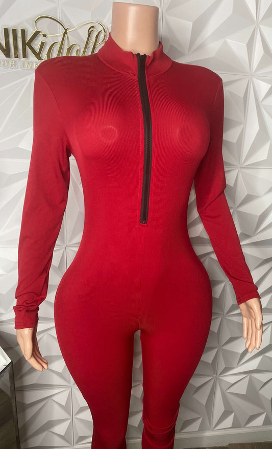 Playful Heart Ribbed Jumpsuit Red