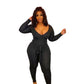 Ribbed Romance Black Jumpsuit with Belt Attachment