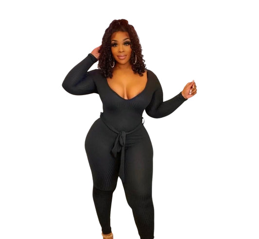 Ribbed Romance Black Jumpsuit with Belt Attachment