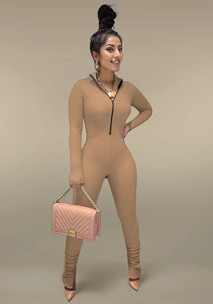 Playful Heart Ribbed Jumpsuit Tan