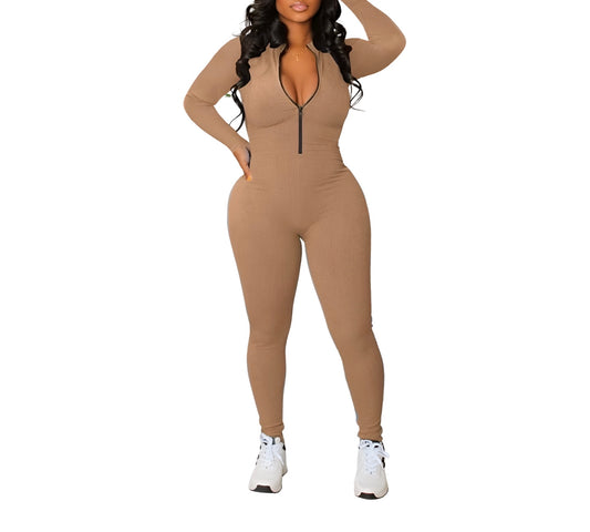 Playful Heart Ribbed Jumpsuit Tan