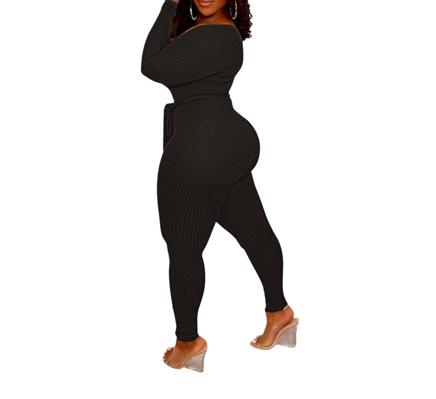 Ribbed Romance Black Jumpsuit with Belt Attachment