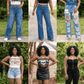 Collage of a woman wearing different outfits with graphic tees and jeans.