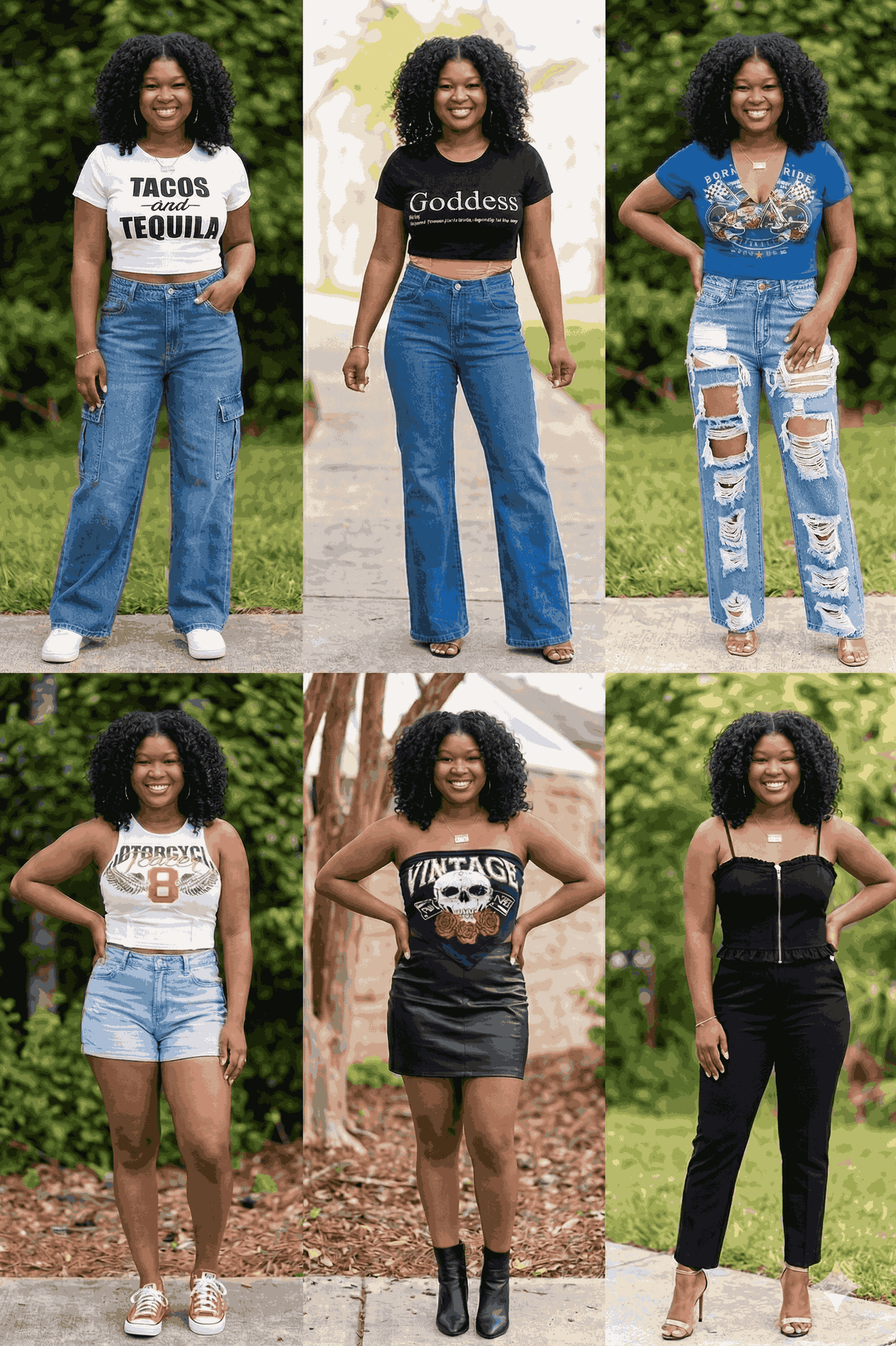 Collage of a woman wearing different outfits with graphic tees and jeans.