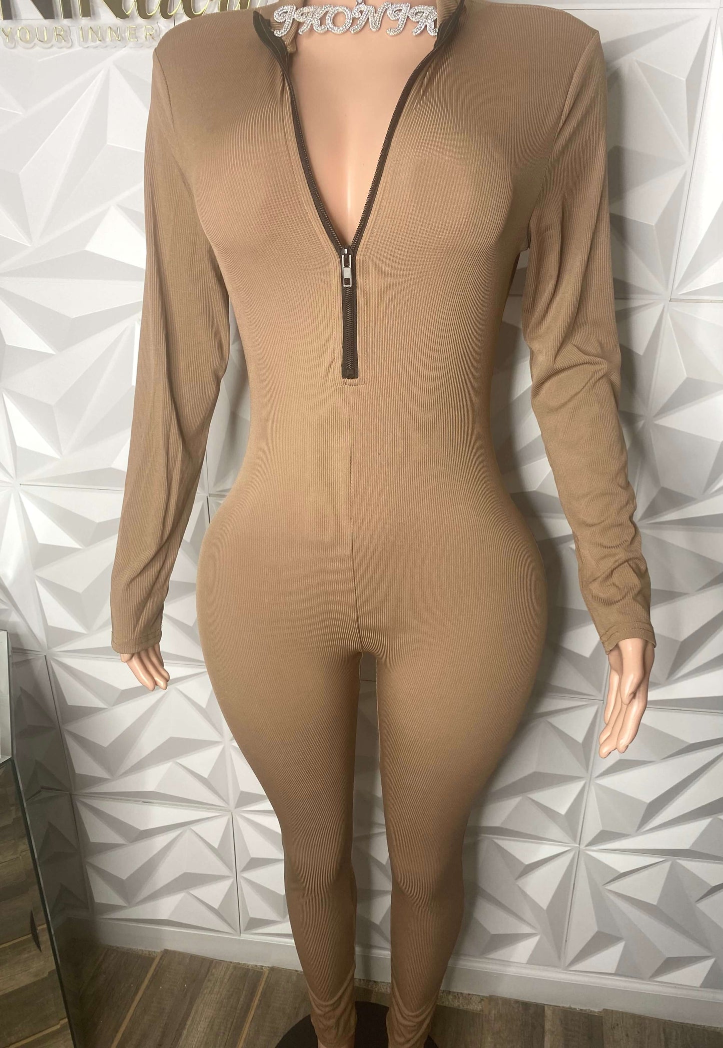 Playful Heart Ribbed Jumpsuit Tan