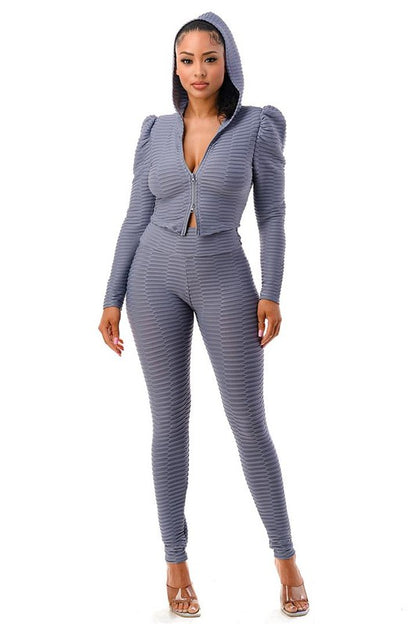 Busy & Paid Girl 2 pc pant textured set, Gray and Beige