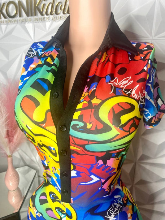 90s Grafitti Party Button Down Shorts Romper - Ikonik Idoll