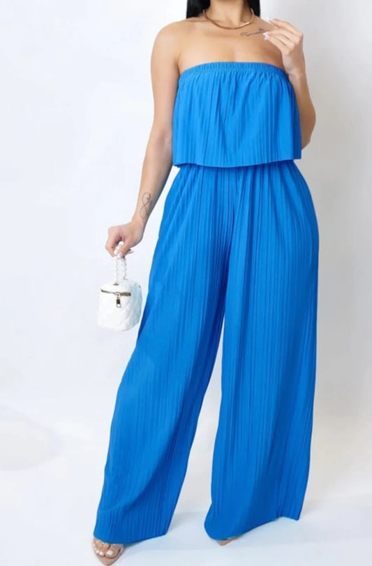 Body of a Goddess Pleated Strapless Jumpsuit - Green and Blue