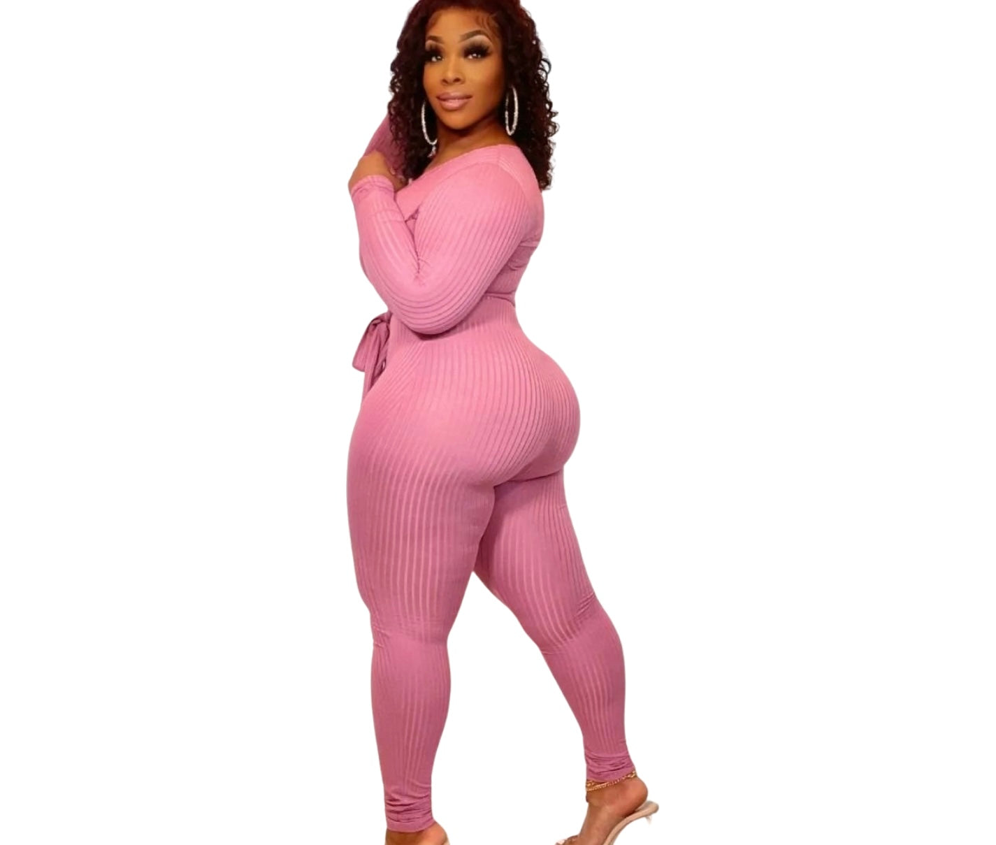 Ribbed Romance Black Jumpsuit with Belt Attachment