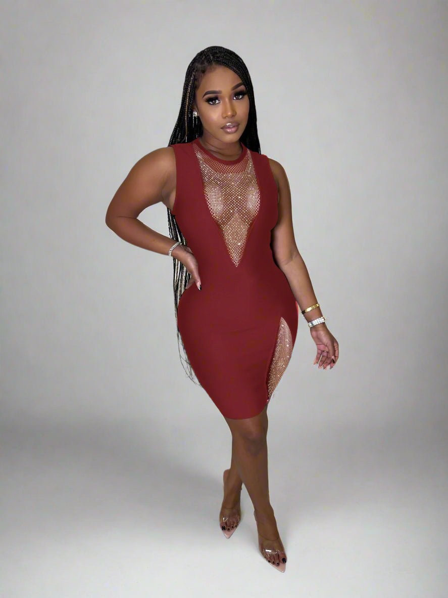 Made You Look Burgundy Rhinestone Dress MEDIUM