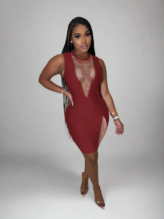 Made You Look Burgundy Rhinestone Dress MEDIUM