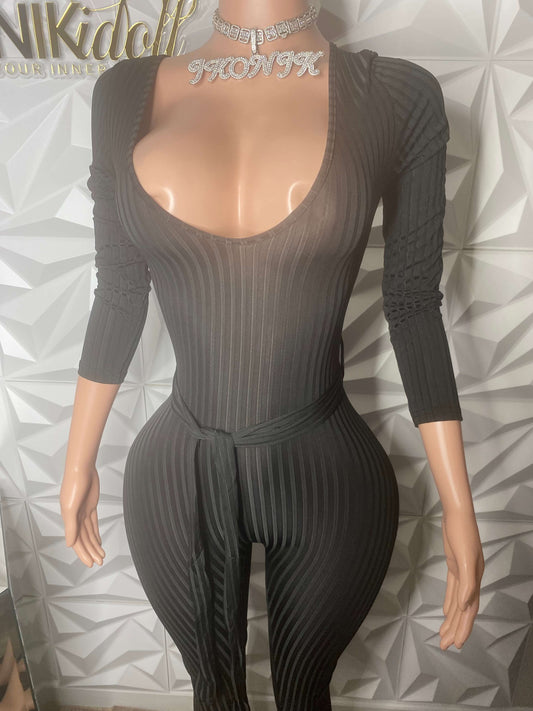 Ribbed Romance Black Jumpsuit with Belt Attachment