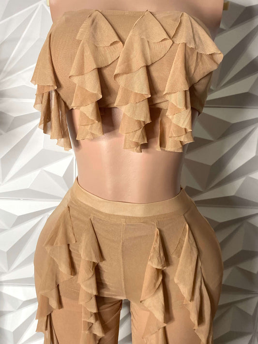 We Outside Ruffle Pants Set Tan SMALL/MEDIUM