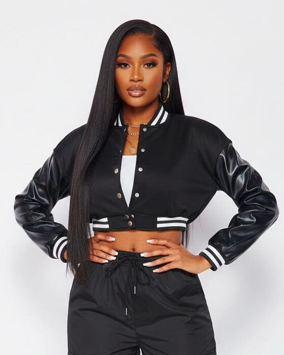 Black Classic Varsity Jacket with White Stripes - Large