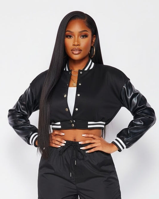 Black Classic Varsity Jacket with White Stripes - Large