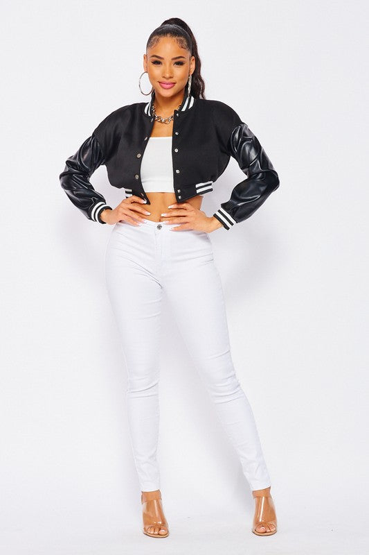 Black Classic Varsity Jacket with White Stripes - Large