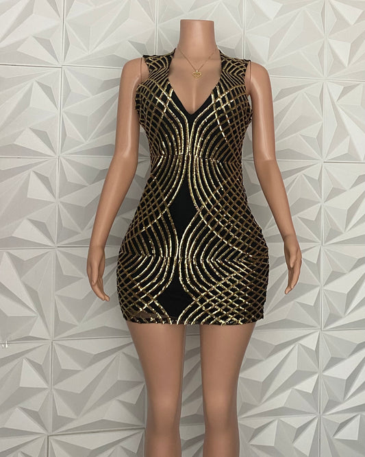 Party Time Black and Gold Sequin Mini Bodycon Dress LARGE