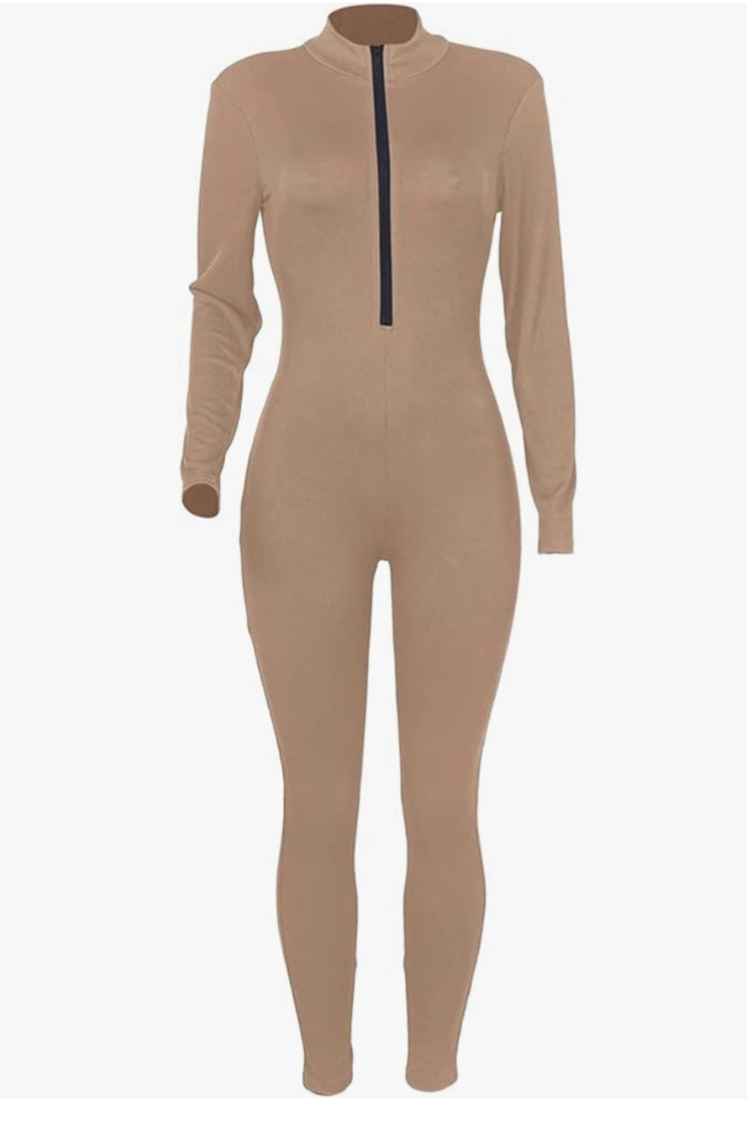 Playful Heart Ribbed Jumpsuit Tan