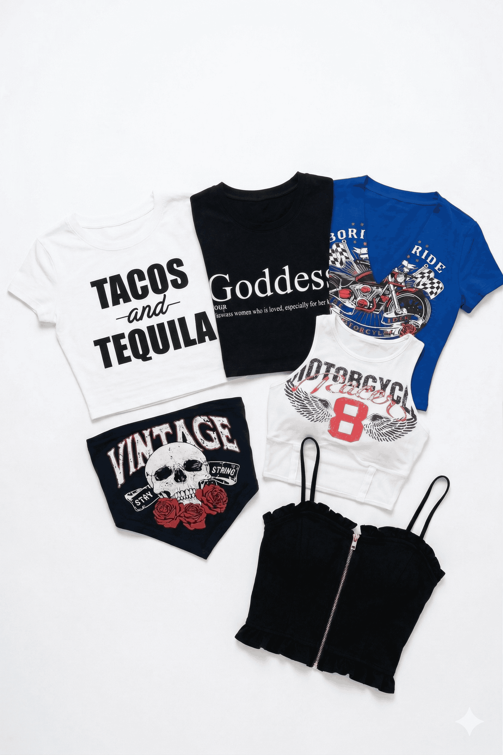 Collection of graphic t-shirts with various designs on a white background
