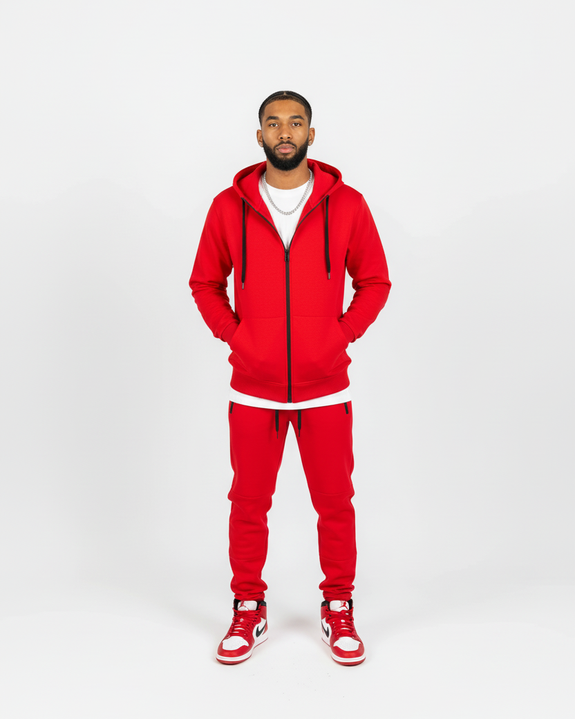 Red men’s tech fleece tracksuit from Ikonik Kingz, black zipper details, studio photo on white background.
