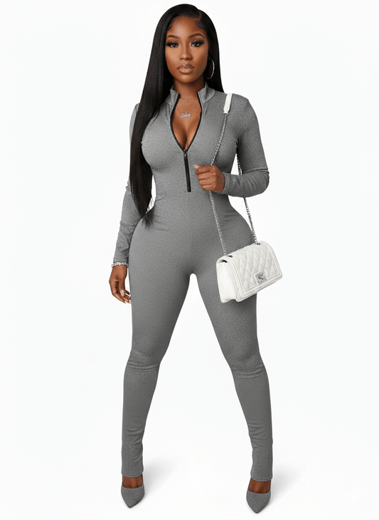 Playful Heart Ribbed Jumpsuit Gray