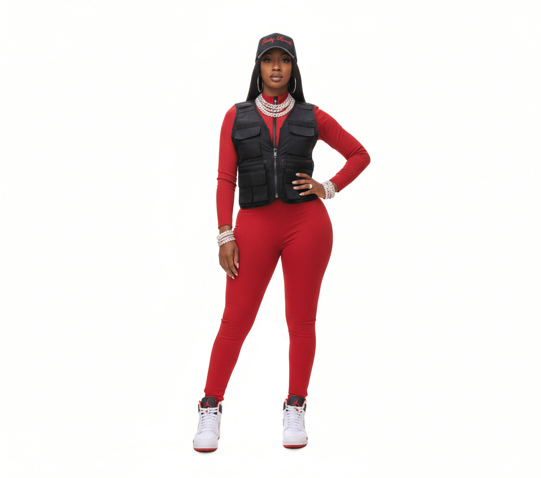 Playful Heart Ribbed Jumpsuit Red