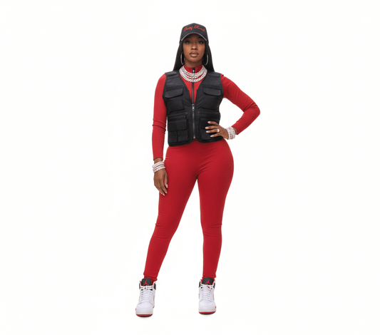 Playful Heart Ribbed Jumpsuit Red