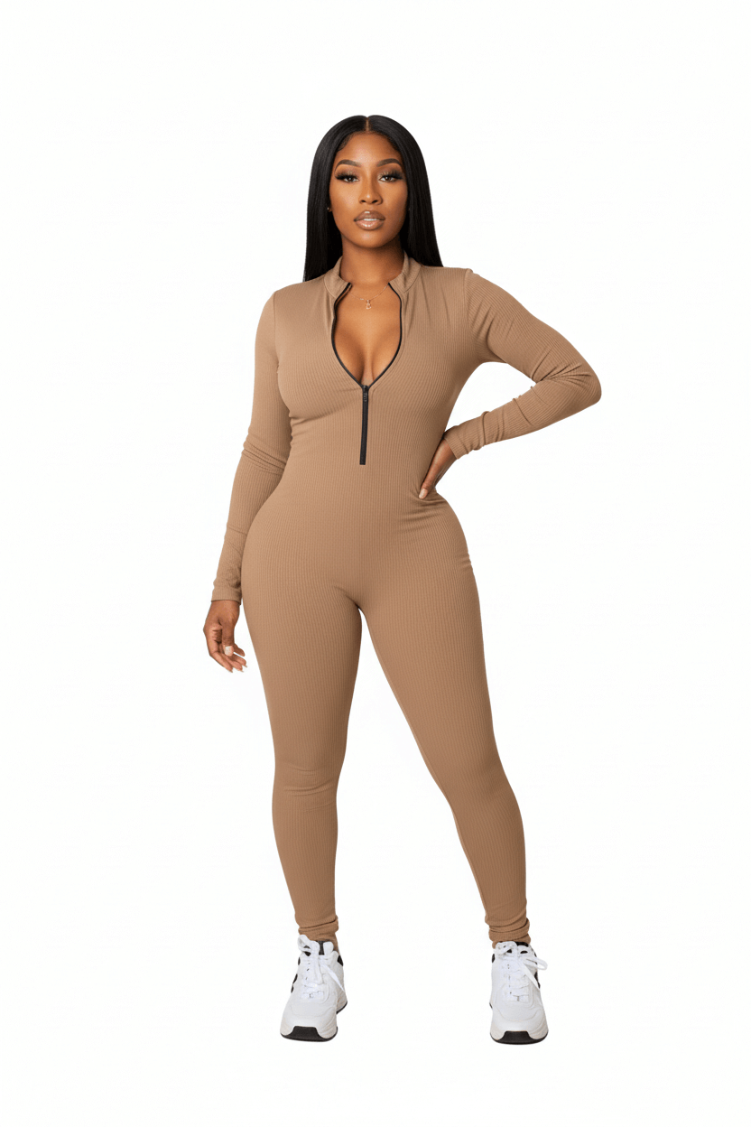 Playful Heart Ribbed Jumpsuit Tan