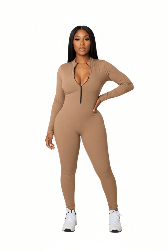 Playful Heart Ribbed Jumpsuit Tan