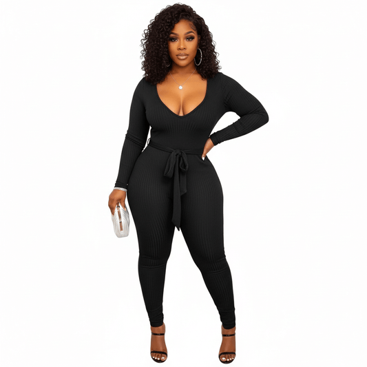 Ribbed Romance Black Jumpsuit with Belt Attachment