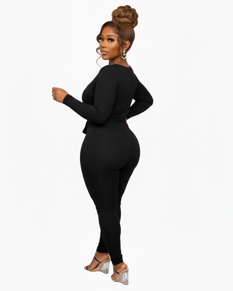 Ribbed Romance Black Jumpsuit with Belt Attachment