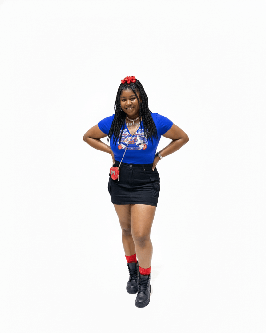 Person wearing a blue shirt and black skirt with red accessories on a white background