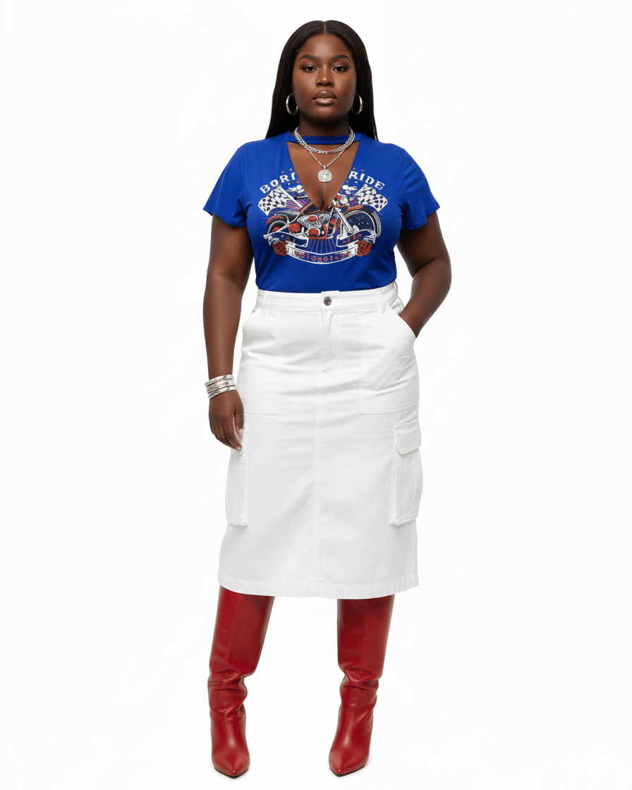 Woman wearing a blue graphic t-shirt, white skirt, and red boots on a white background