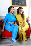It’s Giving 2 pc ruched tie up pant set - Blue, Yellow