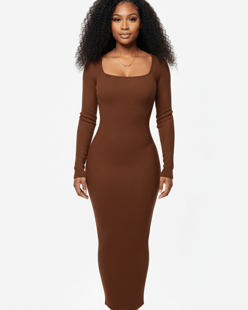 Woman wearing a brown ribbed dress on a white background