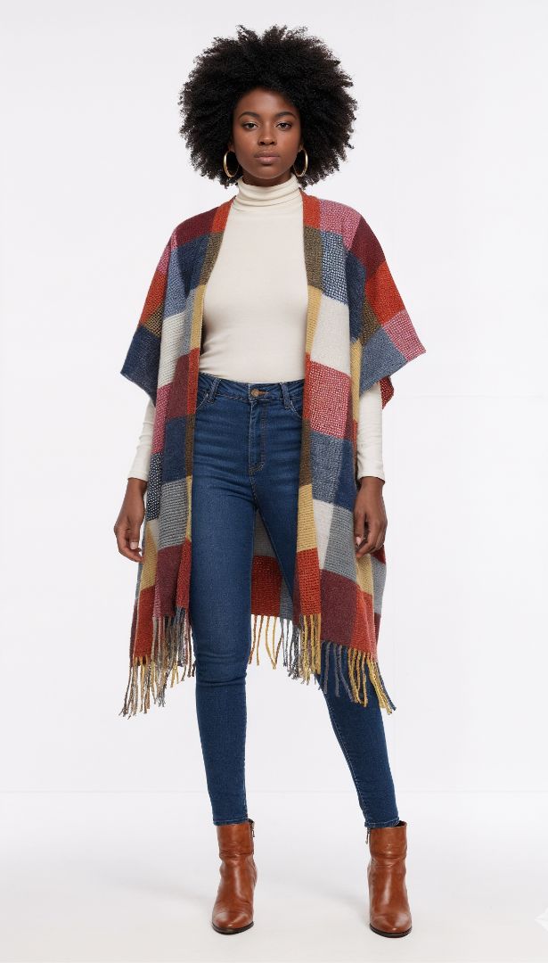 Fringe Frenzy Multicolor Plaid Kimono (Small to 3X) Orange and Burgundy
