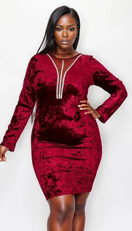 Burgundy Velvet Midi Dress Plus - Ikonik Idoll
