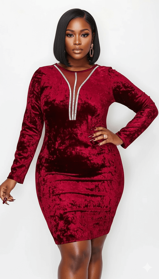 Burgundy Velvet Midi Dress Plus