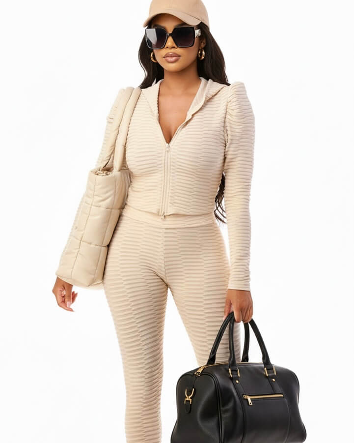 Busy & Paid Girl 2 pc pant textured set, Gray and Beige