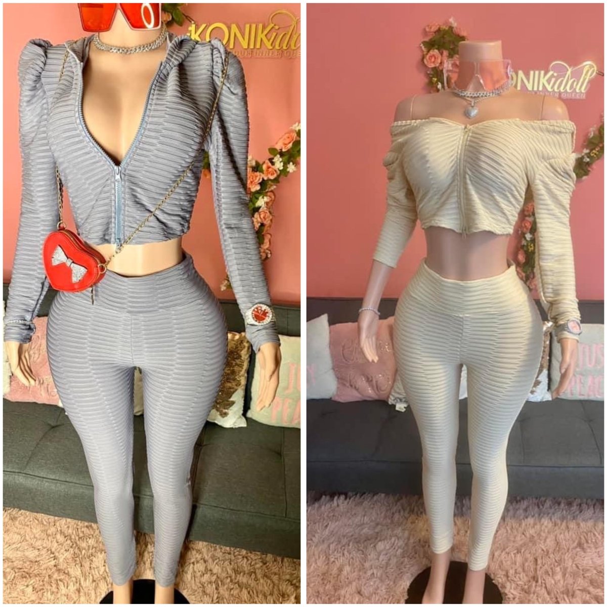 Busy & Paid Girl 2 pc pant textured set, Gray and Beige - Ikonik Idoll